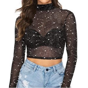 Mangopop black & silver stars mesh crop long sleeve tee, XXL